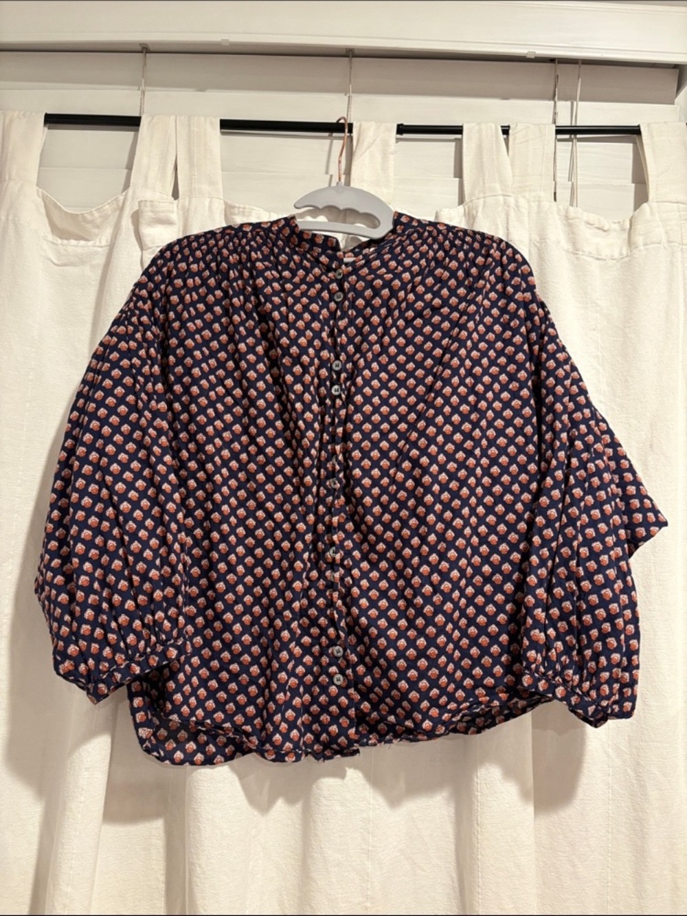 Doen Navy Blouse with Pink Floral Motif
